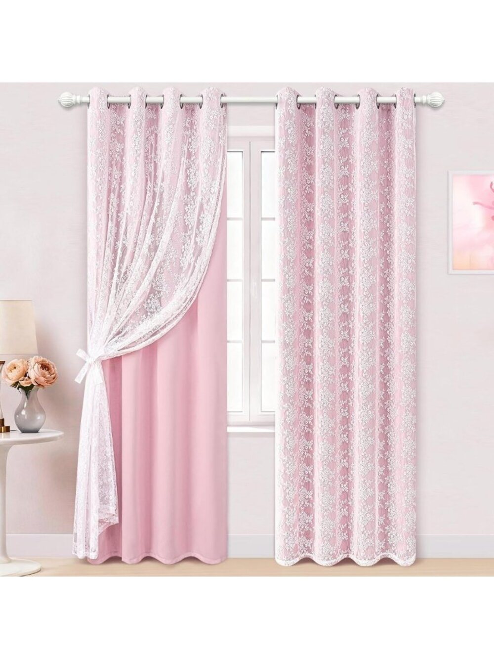 Pink Double Layer Blackout Curtains for Girls Room, 84" Long Grommet Drapes